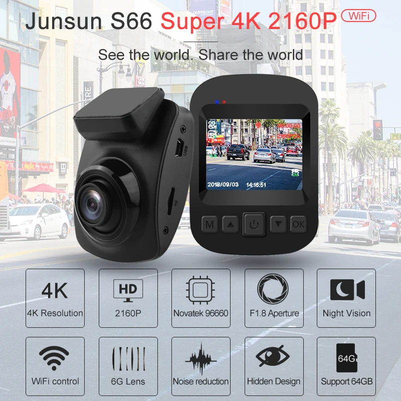 Junsun S66 автомобиля Камера видеорегистраторы 4 K 2160 P 60fps WI-FI Тип мини видеорегистратор ночного видения рекордео для видеорегистратора F1.8 HD 1080 P