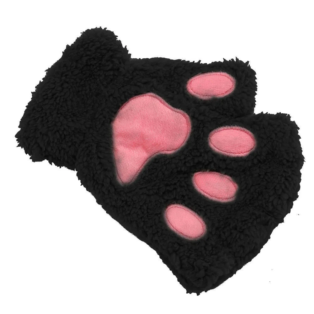 1 пара милых зимних перчаток, милые плюшевые теплые рукавицы с кошачьей лапой, короткие перчатки без пальцев, перчатки на половину пальцев для женщин, девушек, BH - Цвет: Black