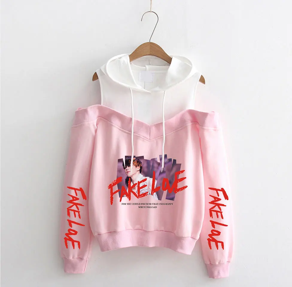 New Bangtan Boys Fake Love Off-shoulder Hoodies Women's Fashion Sweatshirt Print Fake Love Hip Hop Hoodie Pullover Hooded