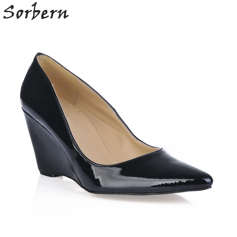

Sorbern Black Pointed Toe Wedges 8Cm High Heels Pointed Toe Shiny Pu Women Shoes Slip On Custom Colors Pump Heels Size 40 New