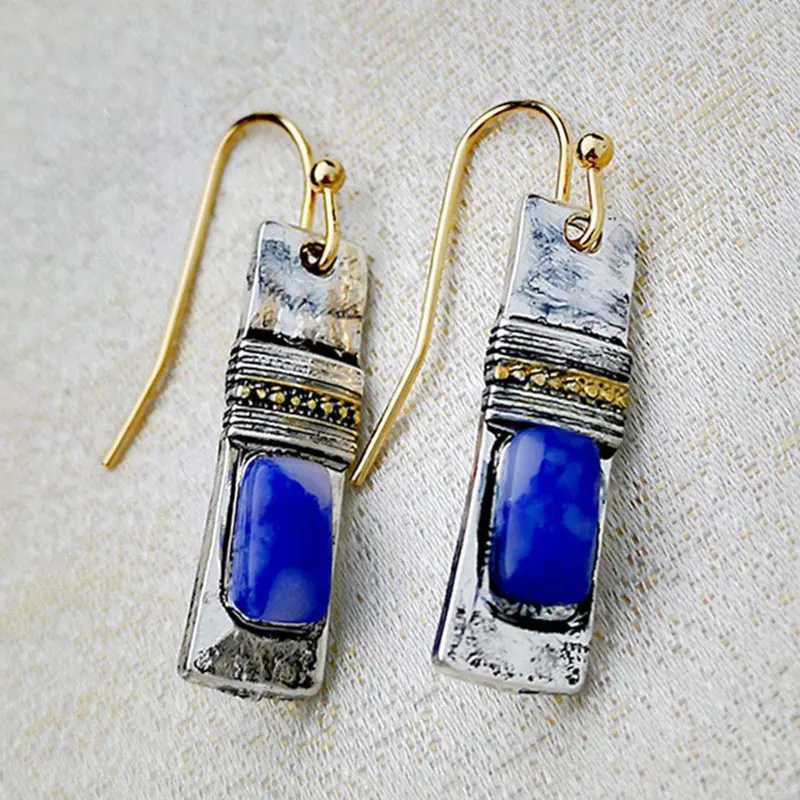 

Vintage Pendientes Navy Blue Stone Geometric Metal Earrings Boho Indian Tribal Women Hanging Earrings Brincos 2020 New