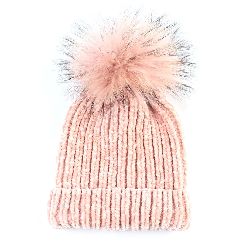 Женская Шапка-бини с помпоном из енота, Зимний вязаный велюр, громоздкая шапочка для женщин, женская шапка с помпоном из натурального меха - Цвет: Pink B