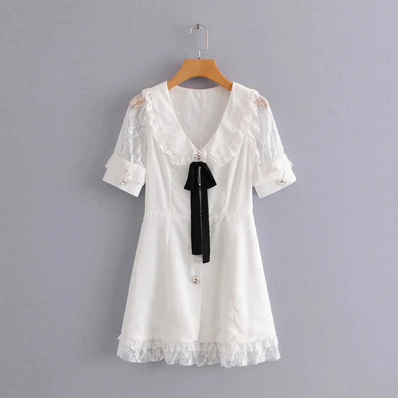 

Preppy Style Tie V-Neck Dress Ruffles 2019 Lace Sleeve Mini Dress Short Sleeve High Waist Casual Outwear Jananese Mori Girl