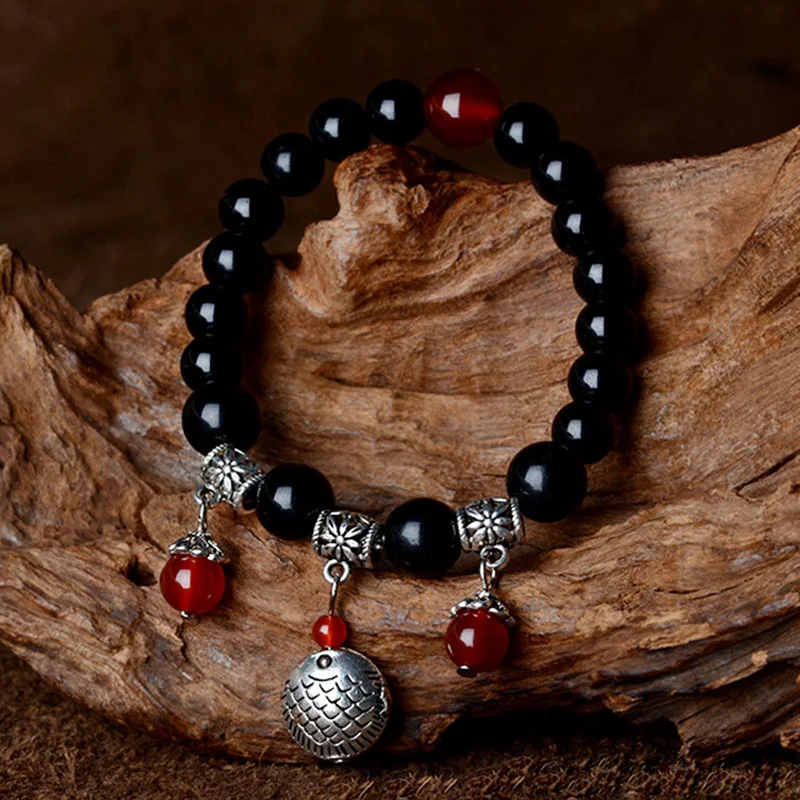 

ethnic strand bracelets for women black natural stone beaded chain fish carved copper alloy vintage jewelry new arrival
