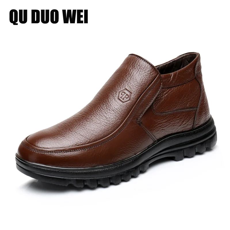 

2018 Autumn Winter Genuine Leather Men Boots Warm Short Plush Slip-On Men's Casual Work Shoes Male Fashion High-Cut Flats Hombre