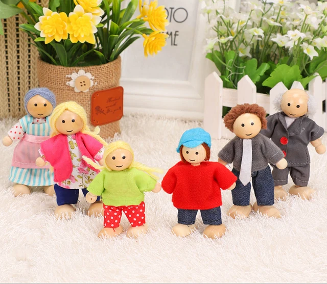 Happy doll family miniature 6 people set toy wooden jointed dolls children muppet pretend toys story-telling dressed characters 2
