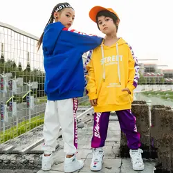 Костюм Джаз мальчиков с длинным рукавом с капюшоном Топ и штаны в стиле хип-хоп одежда для девочек уличная танцевальная одежда сценические