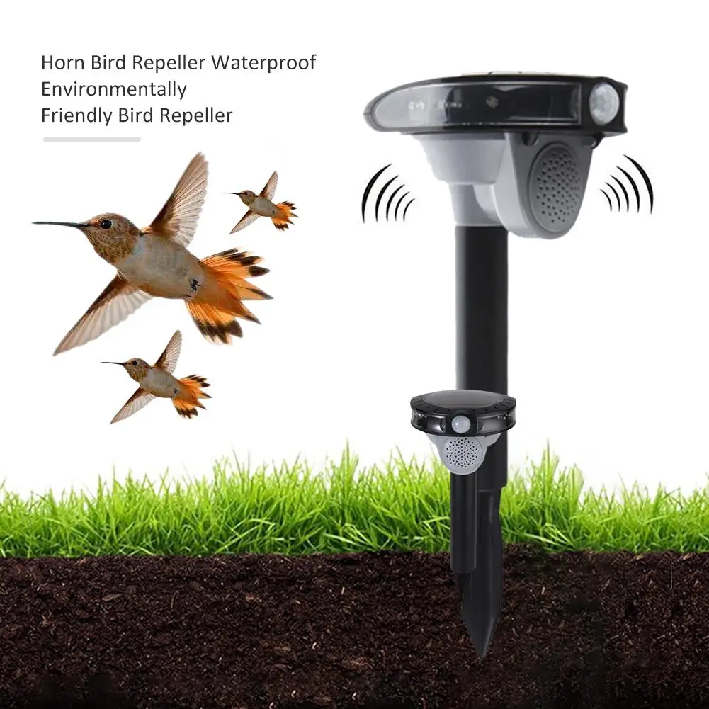 

Dual Power Bird Repeller Waterproof Horn Bird Repelling Device 3 Sounds Mode Speaker Bird Repeller with Led Flash