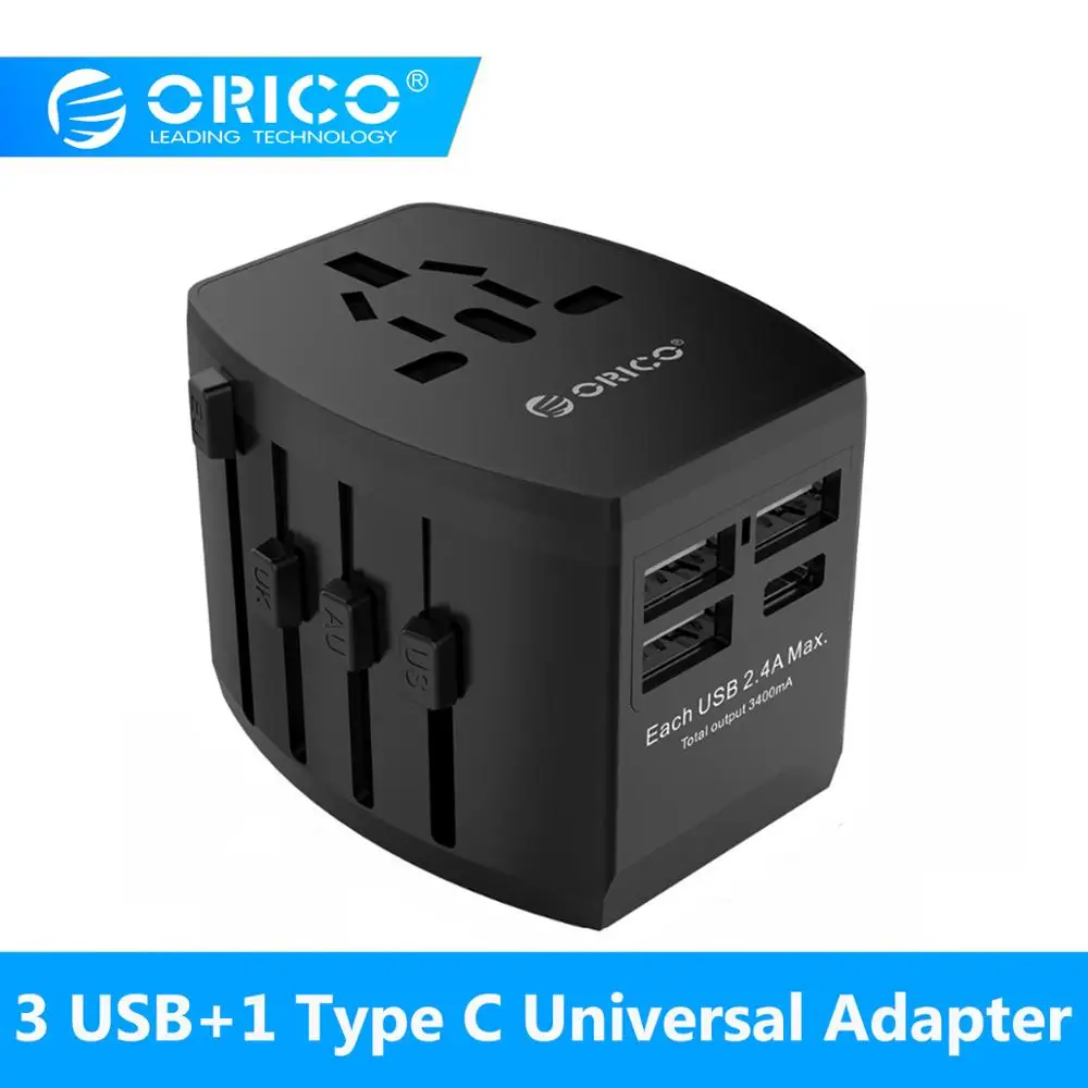 ORICO Travel Adapter Международная розетка все-в-одном 3 USB 1 Тип C 5V3. 4A Max Выход usb зарядный порт UK/AU/US/EU Plug