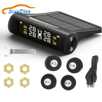 

Solar TPMS Car Tire Pressure Alarm Monitoring System LCD Display 4 Internal / External Sensor Temperature Warning