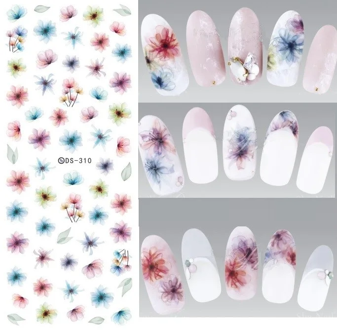 DS310 Water Transfer Nails Art Sticker Harajuku Elements Colorful Fantacy blurred Flowers  Nail Wraps Sticker Manicura Decal