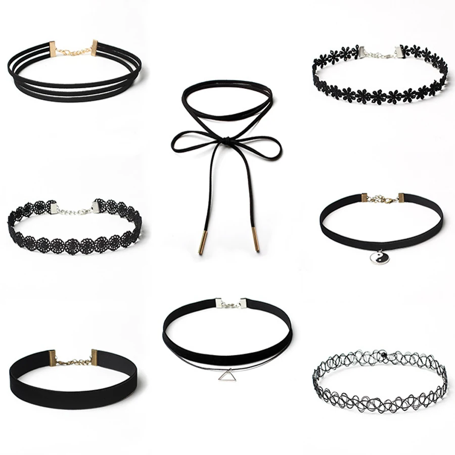 

8 Pcs/Set Trendy Black Velvet Flannel Cloth Chokers Necklaces Collier Punk Women Short Chocker Collares Jewelry Gift XL003