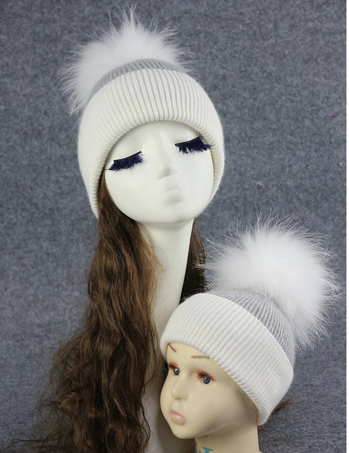 2 шт., детские шапки с меховым помпоном для мамы и ребенка, теплые зимние вязаные шерстяные шапки, однотонная шапка, шапки для женщин, мальчиков и девочек