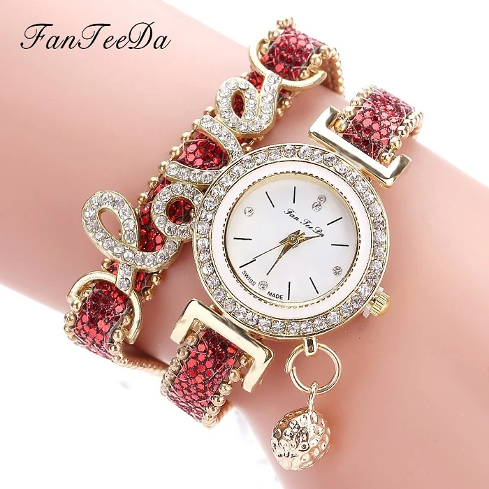 Роскошный бренд, модные роскошные женские наручные часы, кристалл, Любовное слово, кожаный ремешок, женские часы-браслет, часы женские, reloj mujer - Цвет: red