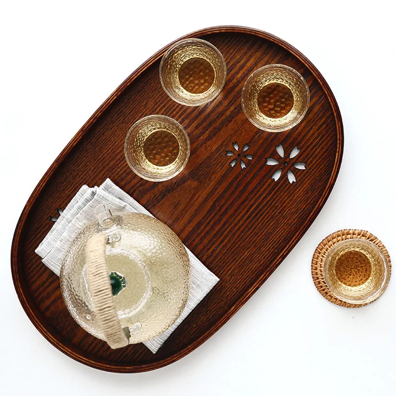 Japanese Oval Shape Tea Tray Wooden Serving Tray Coffee Drink Dessert Serving Platter Snack Fruit Plate Hotel Restaurant Food Coffee Tray Teaware (2-1)