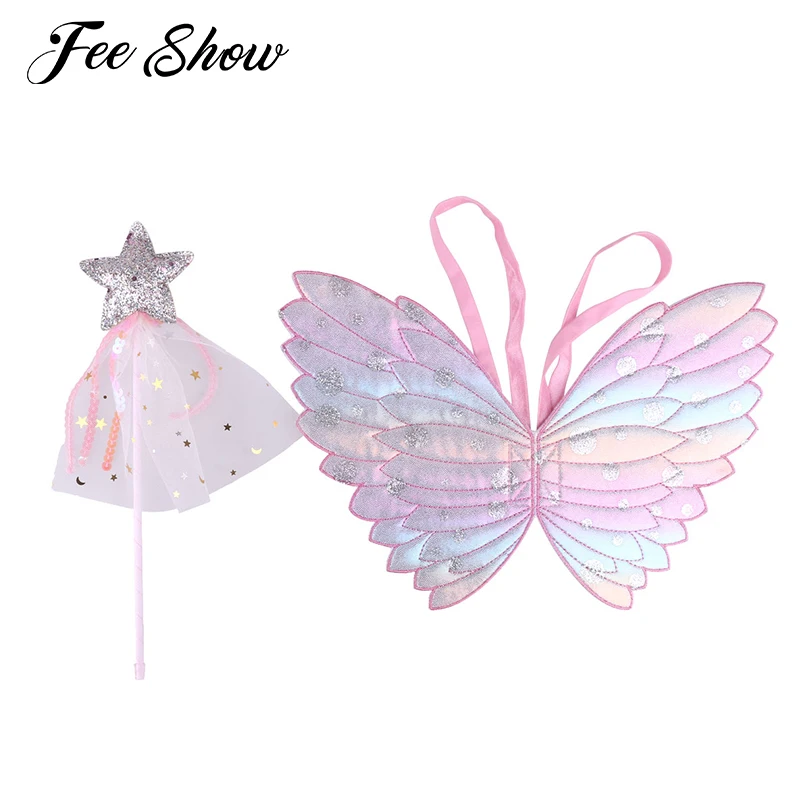 

Kids Girls Fairy Princess Costumes Sparkling Glittery Butterfly Wings/Fairy Wand for Cosplay Party Performance Costume Dress Up