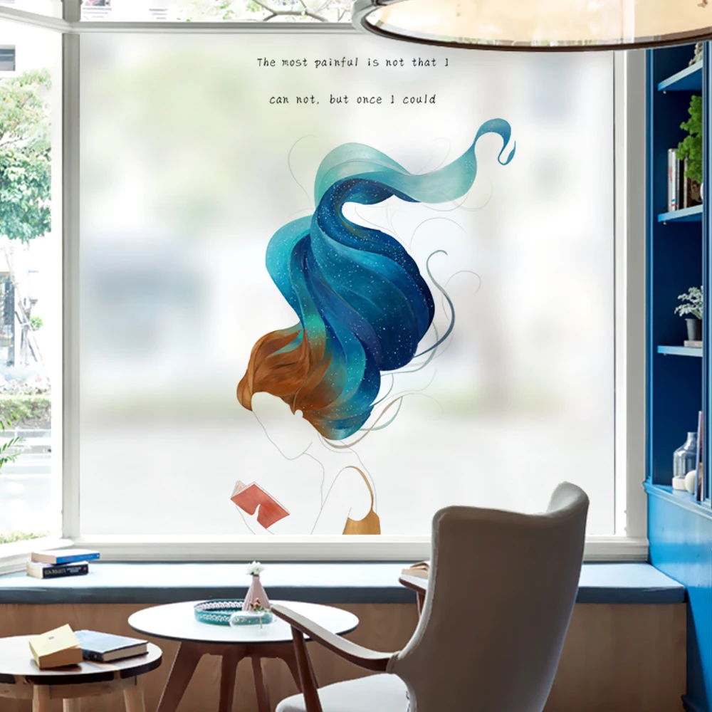

Dicor 2018 Long Hair Girl Creative Design Glass Film Window for Living Room Bathroom Bedroom Art Home Decor No Glue Can Reusable