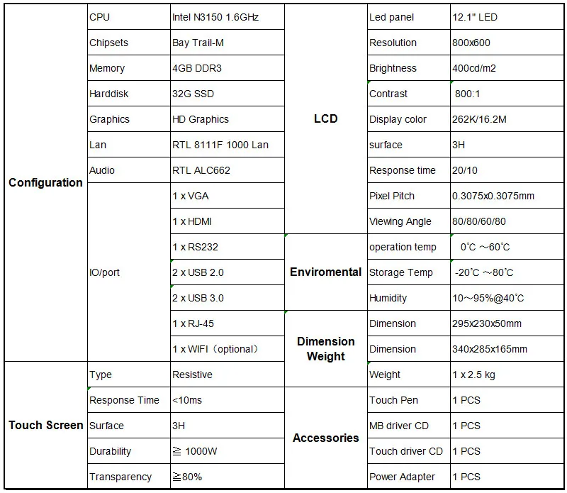 Встроенный pc 12''with intel N3150 1,6 ГГц, промышленный компьютер rs232/4usb/4 ГБ ddr3/32 г ssd, резистивный сенсорный экран 800*600