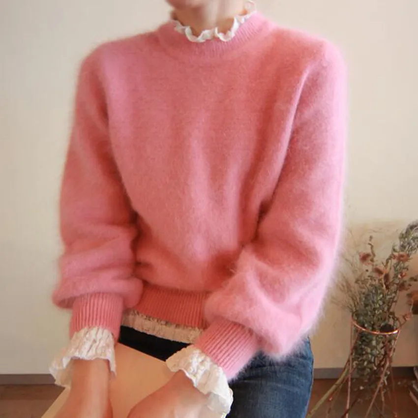 HAMALIEL Korean Autumn Winter Mink Cashmere Women Sweater Casual Pink Lantern Sleeve Knitted Soft Warm Pullovers Fashion Jumpers