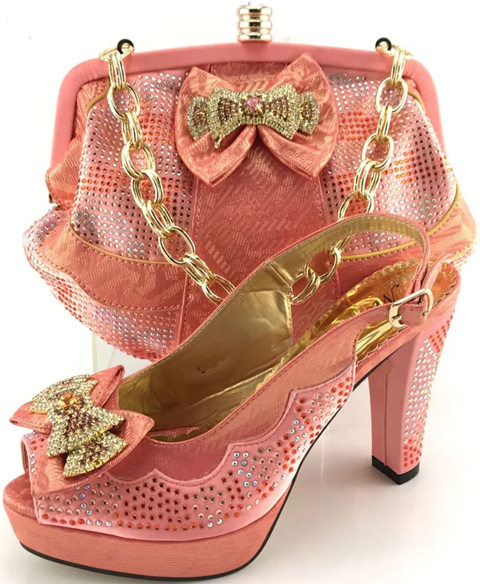 

New Arrival Peach Color Afircan Women Matching Italian Shoe and Bag Set Decorated with Rhinestone Italian Shoe 6608