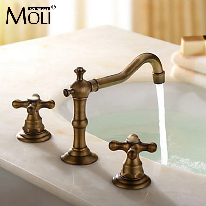 Classic antique bronze washbasin three hole faucets bathroom cross