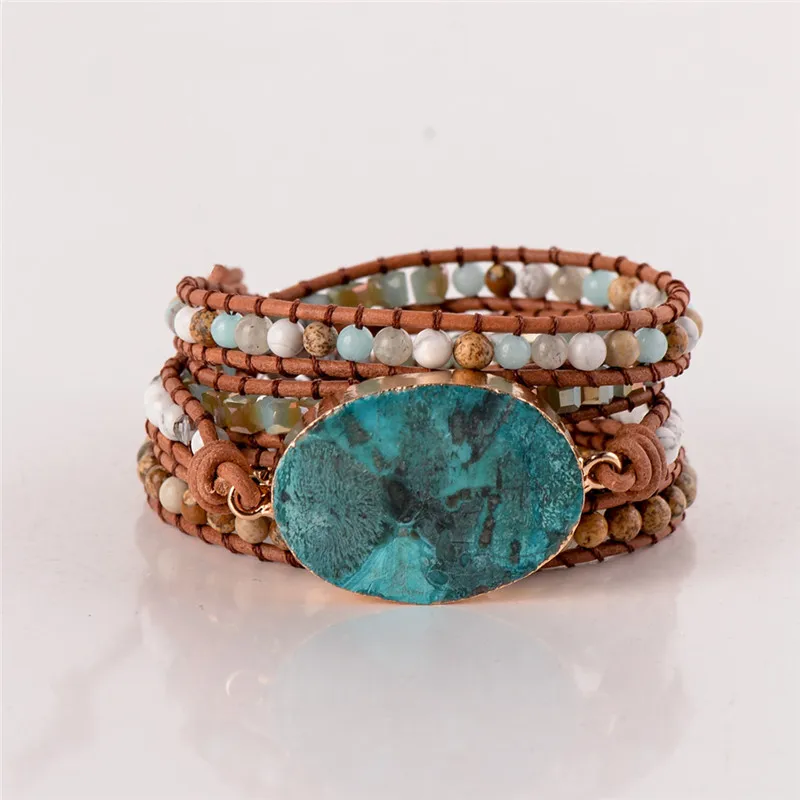 Latest 2018 - 5X Leather Wrap Beaded Bracelet Huge OceanStone Bracelet, Boho Chic Jewelry, Bohemian Bracelet Valentine's Gift Latest 2018 - 5X Leather Wrap Beaded Bracelet Huge OceanStone Bracelet, Boho Chic Jewelry, Bohemian Bracelet Valentine's Gift