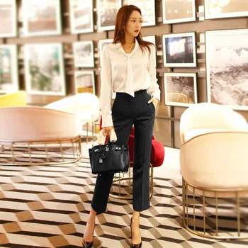 

Fashion Spring Korean Women High Quality 2 Piece Set Long Sleeve Shirts And Trousers Plus size Office Lady Pants Suit