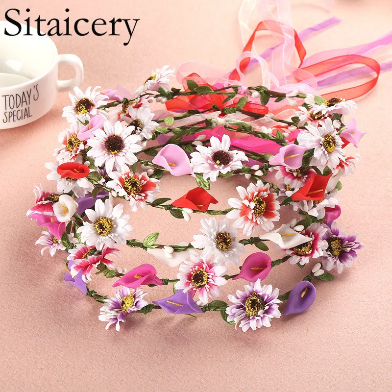 

Sitaicery Girls Wedding Flower Crown Wreath Bohemian Adjustable Yarn Garland Sweet Hair Bands Accessories For Bride Bridesmaid