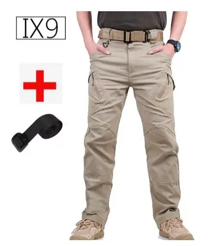 Khaki pants and belt IX9, тактические штаны для мужчин, армейские военные штаны, хлопковые, много карманов, тянущиеся мужские повседневные брюки, XXXL, с тактическими ремнями - Цвет: Khaki pants and belt
