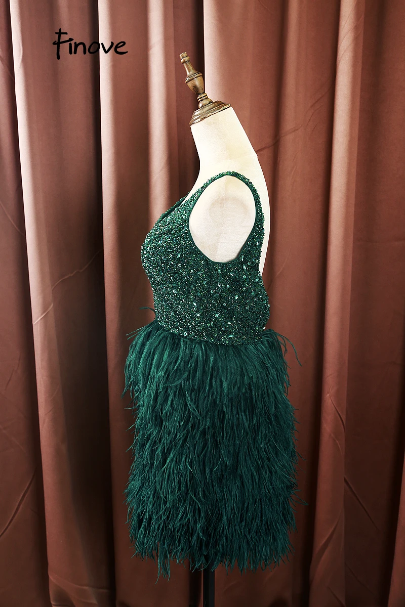 Finove Выпускные платья стиль зеленый сексуальный v-образный вырез спинки Тюль с бисером перья Роскошные вечерние платья robe de soiree