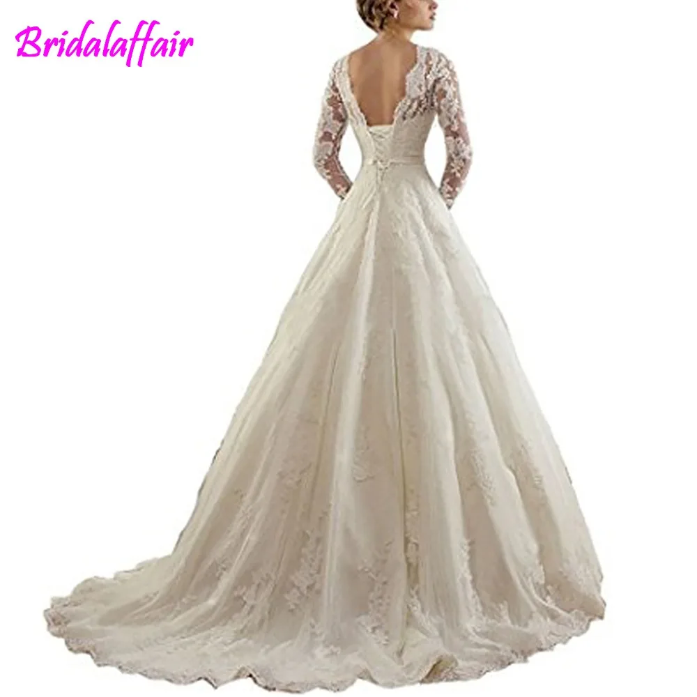 BridalAffair Для женщин Jewel Кружева Аппликация с длинным рукавом Свадьба в часовне платье халат де mariée off white свадебное платье с поясом