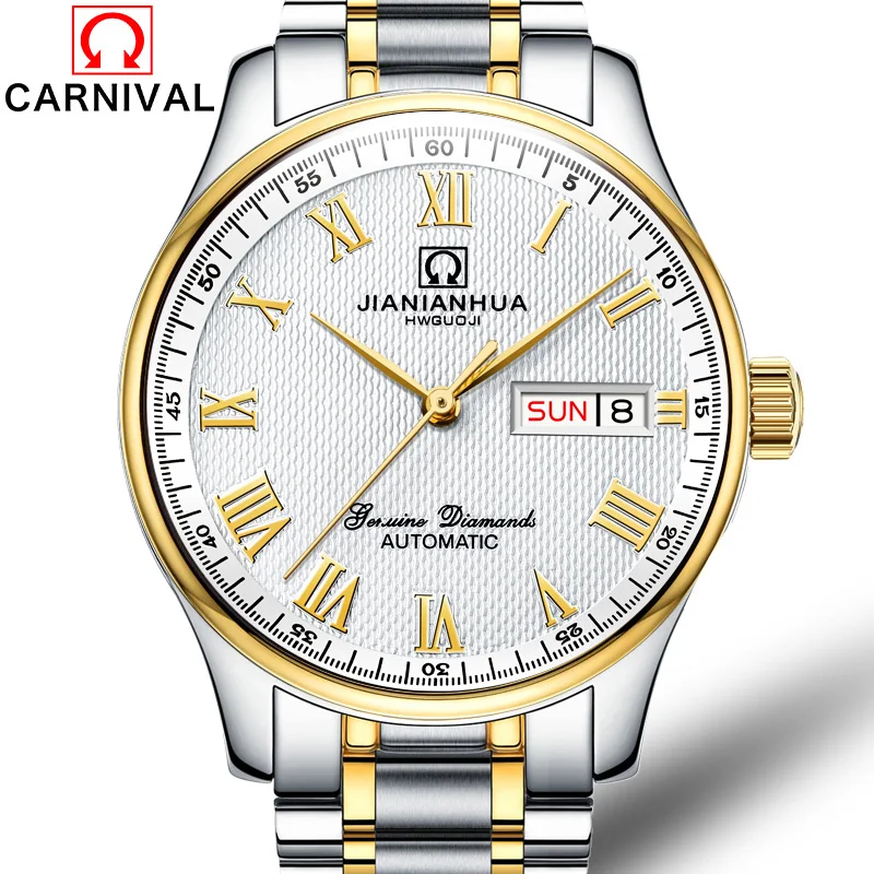 

Carnival Watch men Stainless Steel Automatic Mechanical Luminous Waterproof Week date White Dial Roman Watches