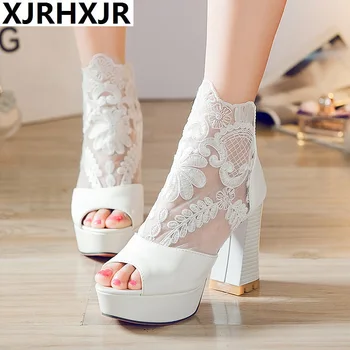 

XJRHXJR 2020 New Open Toe Sexy Fashion Sandals Women Shoes Summer Sandals Lace Leather Shoes Woman Sandals Ankle Boots Size32-43