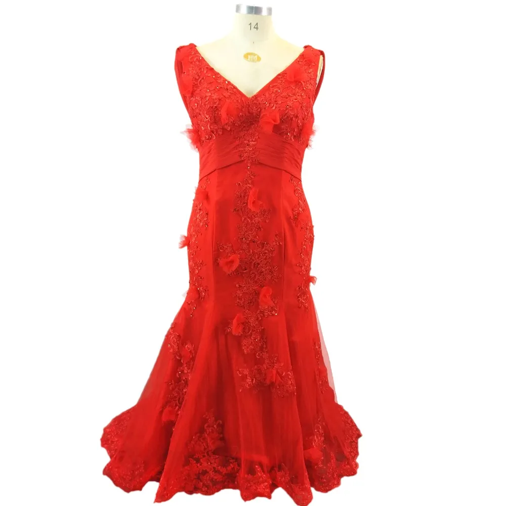 

Floor Length Appliques Tulle Flower Low Back Mermaid Red Wedding Gown