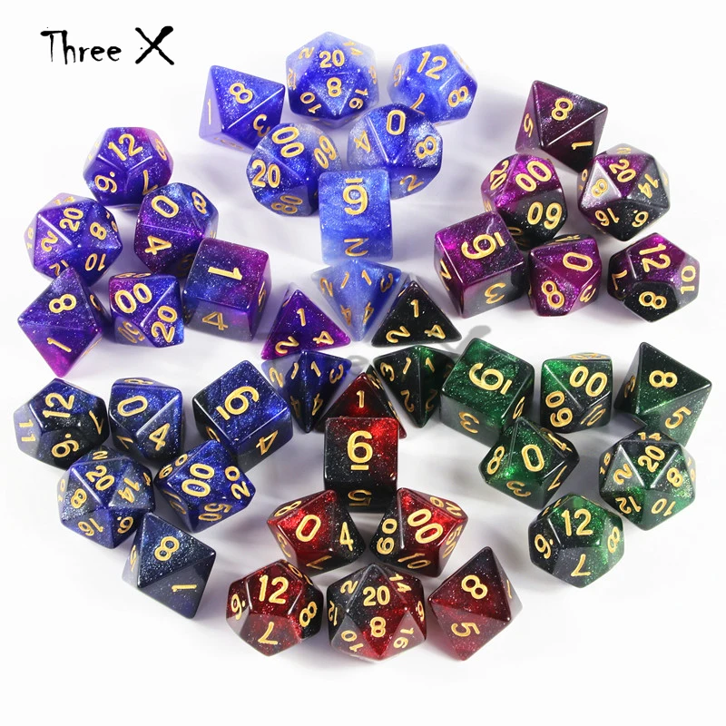 

Navelty Creative Universe Galaxy Dice Set of D4-D20 with Mysterious Royal Glitter Powder Amazing Effect for DND RPG Party Favor