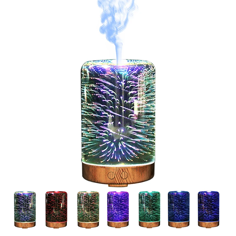 

7 Colors Glass Fireworks timing Aromatherapy Machine Humidifier Lamp Colorful Aroma Starry Oil Wood Grain Diffuser Night Light