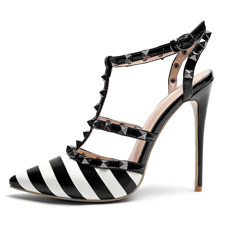 

Summer Fashion Rivet Pointed Toe Black And White Stripes Sandals One-character Buckle Sexy Stilettos High Heels Women's Shoes