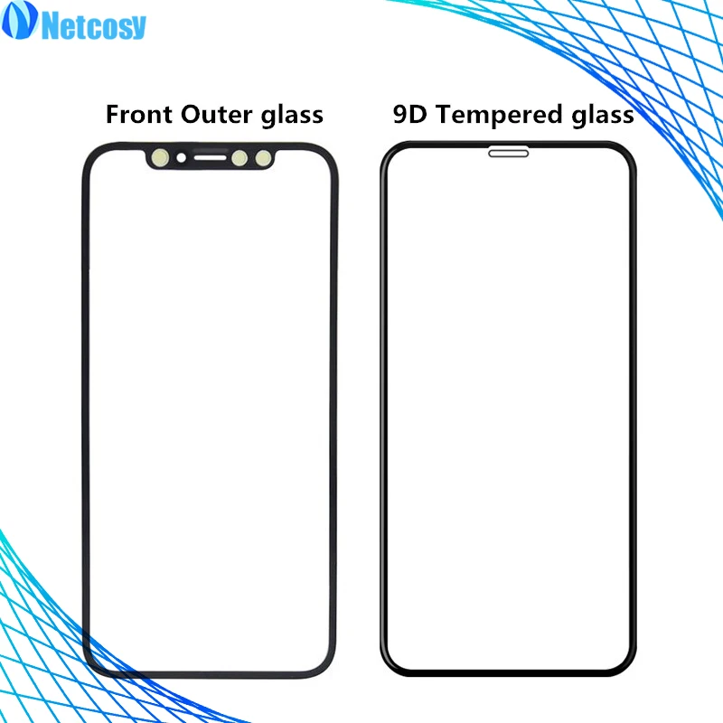 Netcosy Black Front Outer Glass Lens Cover replacement parts For iphone X 10 LCD glass & 9D Tempered glass For iphone X