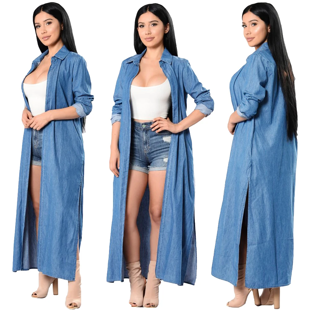 Women Maxi Denim Trench Coat Open Front Waterfall Long Sleeve Split