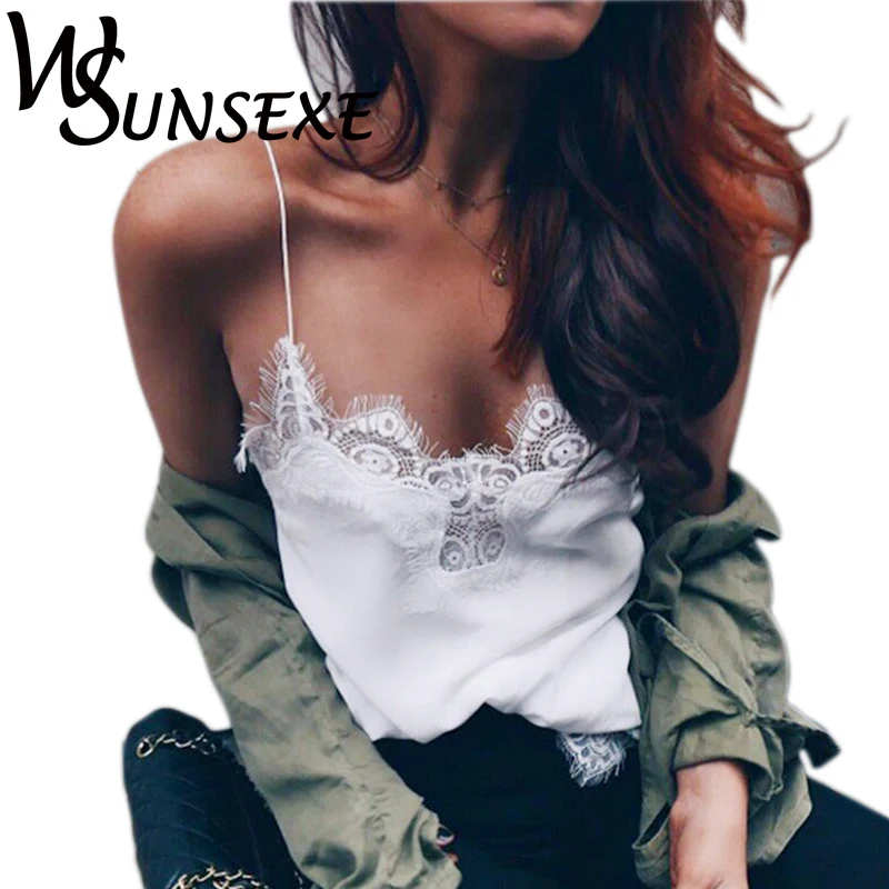 

Women Lace Tank Top Female 2017 Sexy White Black Silk Cami Top Straped Evening Club Party Wear Plus Size Summer Satin Camis Tops