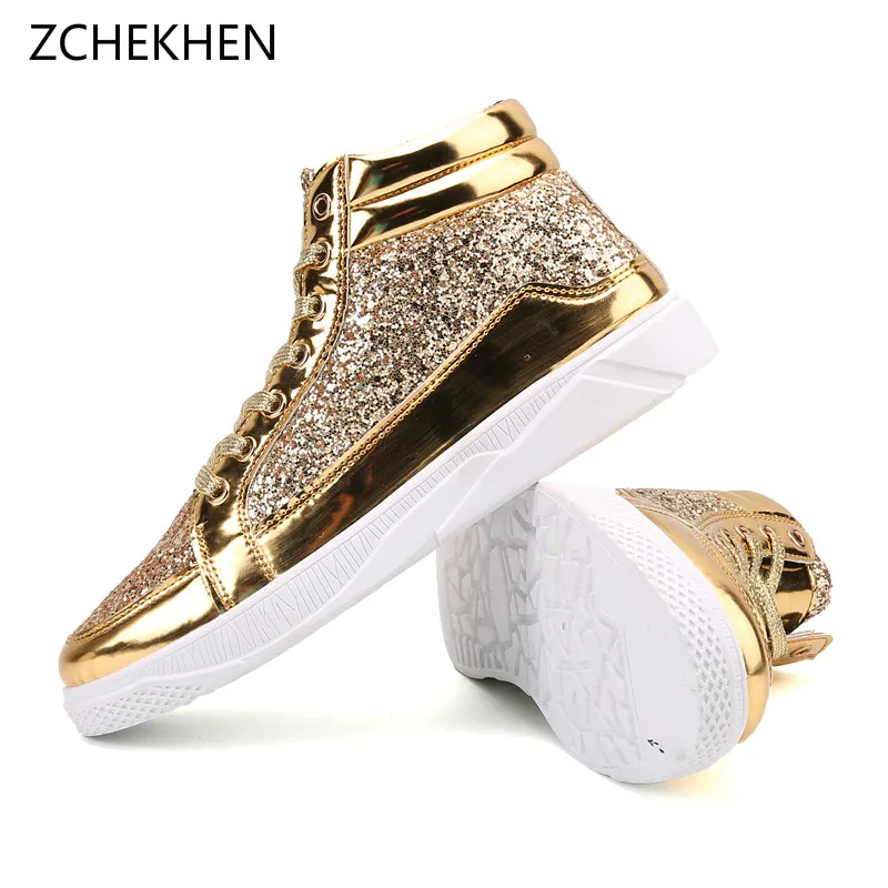 

Men hip hop dancing sneakers Flats Shoes Spring gold silver bling Rhinestone Lace Up male Casual Ankle boots Plus Size