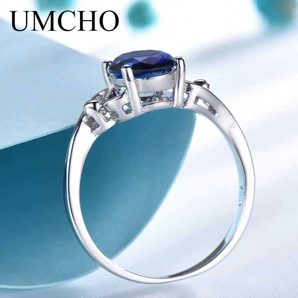 UMCHO Solid 925 Sterling Silver Jewelry Created Blue Sapphire Wedding Rings Best Anniversary Gift For Women Fine Jewelry