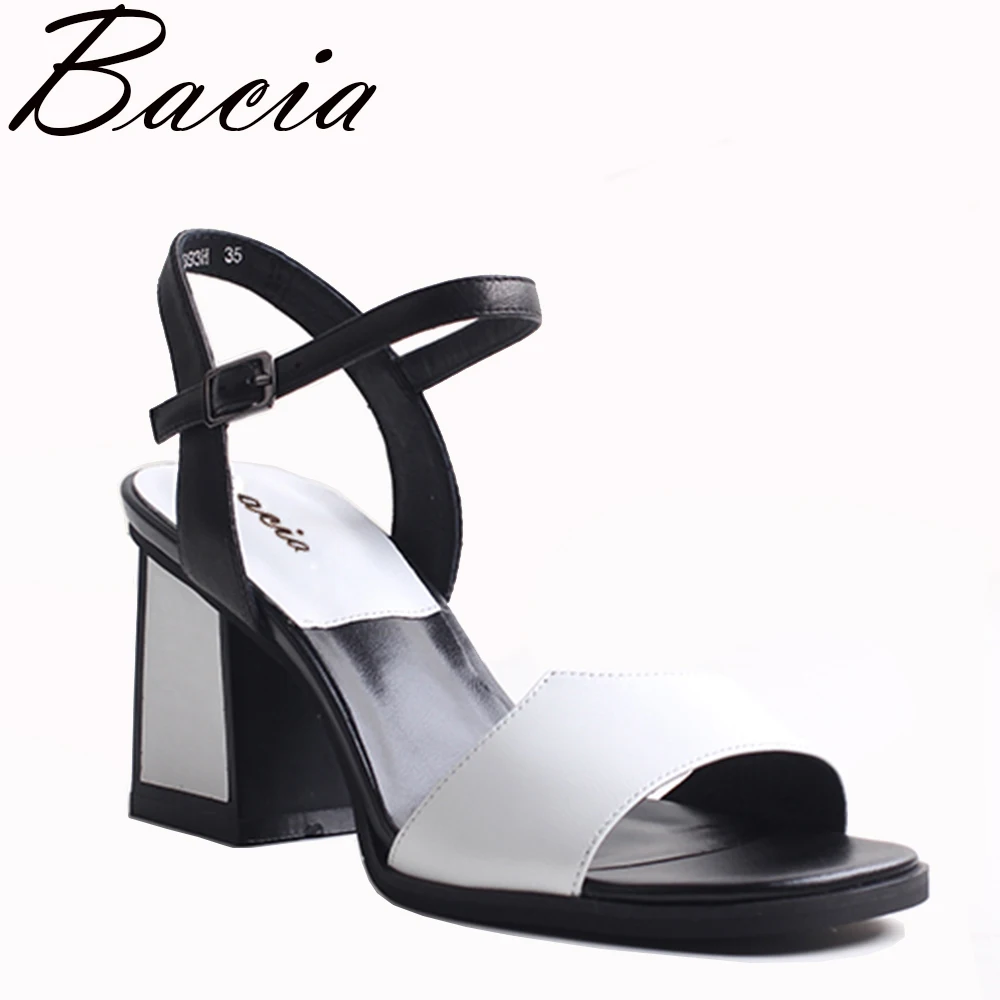 

Bacia Sheepskin Sandals 2017 New Strange Style Heels Mixed Color Buckle Strap Women High Pumps Leather Shoes Size 33-40 VXB020