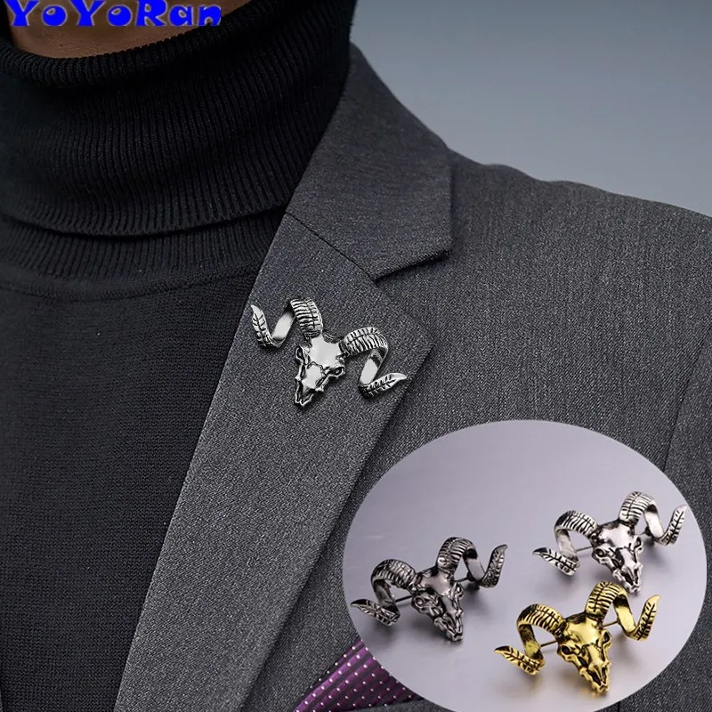 

12 Pieces retro goat skeleton head brooches pin for woman man deer sheep antler animal skull badge collar button brooch jewelry