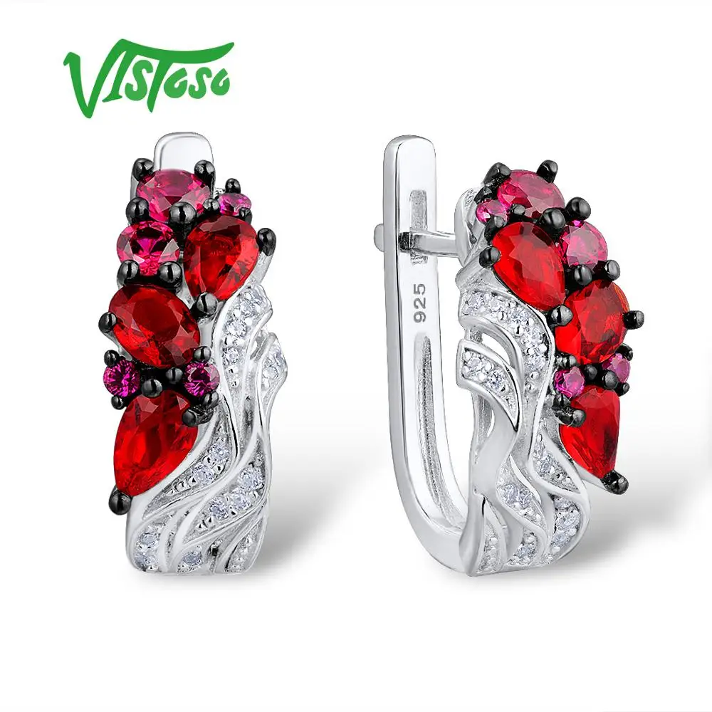 

VISTOSO Stud Earrings Fine Jewelry Round Created Ruby Round White Cubic Zircon High Quality Fine Stud Earrings 2018 For Women
