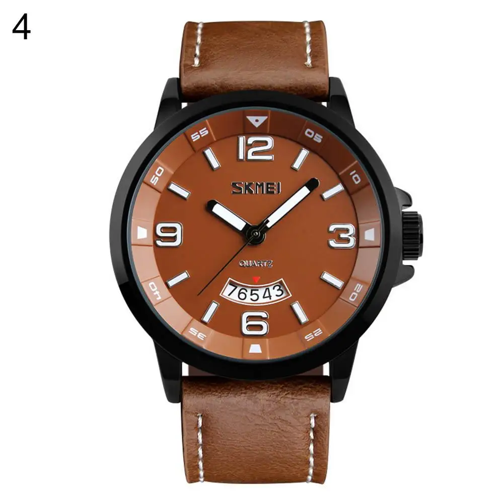 Men Waterproof Genuine Leather Quartz Analog Business Arabic Number