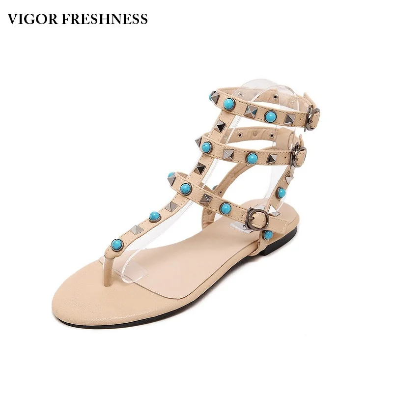 

VIGOR FRESHNESS Shoes Women Sandals Rivets Women's Summer Sandals Flat T-Strap Woman Shoes Female Party Lady Rhinestone Flat T13