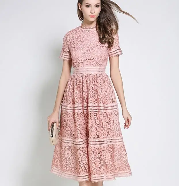 

2019 Women High Quality Luxury Runway New fashion elegant vestidos Summer Lace Patchwork Dress AW603