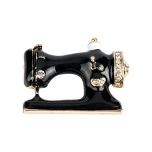Creative Sewing Machine Brooch Black Enamel Pins Crystal Men Women Clothes Brooches