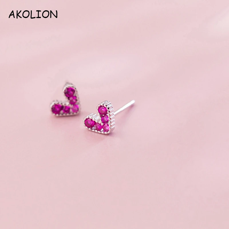 

AKOLION Silver Rose Red AAA Zircon Heart Stud Earrings 925 Anti Allergy PINK Wedding Earring For Women Girl Gift Fashion jewelry